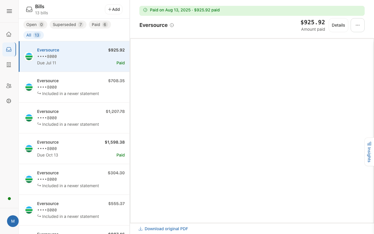billebox Bills page with the bill list beside a paid Eversource bill in the reading pane